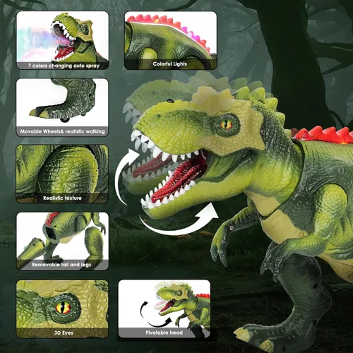 Miniatura 2 de Juguetes de dinosaurio a control remoto para niños de 3 a 5 a 7 años, juguetes de dinosaurio T Rex mejorados con luz cambiante, spray de 7