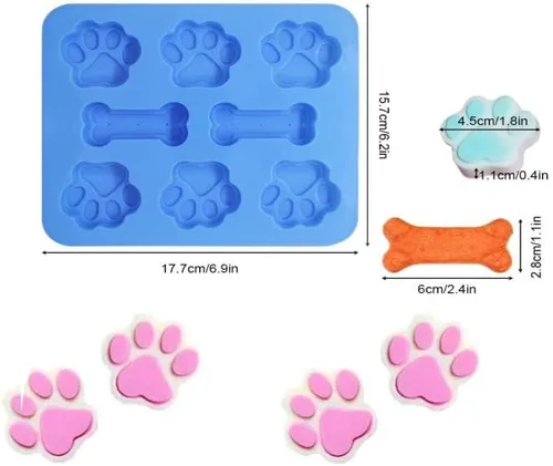 Miniatura 2 de Paquete de 2 moldes de silicona con forma de pata de perro y hueso de cachorro 2 en 1, moldes flexibles para golosinas para perros, bandejas