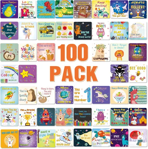Shemira Paquete de 100 notas para lonchera para niños, tarjetas de afirmación inspiradoras para niñas y niños, tarjetas motivacionales para niños,