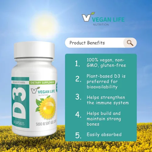 Miniatura 2 de Cápsulas diarias de vitamina D3 para adultos (5000 UI) - Sin gluten, sin OMG, apoya la salud ósea y el sistema inmunológico - 60 cápsulas