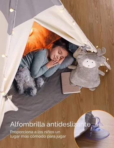 Miniatura 7 de besrey - Tienda de campaña tipi para niños con luz y alfombra, tienda de campaña para jugar en interiores, casa de juegos, tienda tipi de algodón