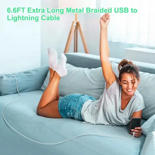 Miniatura 6 de Cable USB a Lightning de 6.6 pies a prueba de mordidos, cable de carga para iPhone a prueba de perros y gatos, cable de carga para iPhone plateado