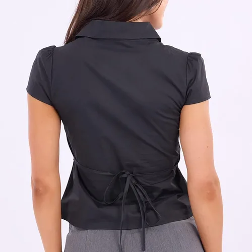 Miniatura 2 de Blusa de Mujer con Cuello en V Fruncida Camisa con Botones Manga Casquillo con Cuello Ajustada para Trabajo Oficina Blusa de Verano Tops Elegantes
