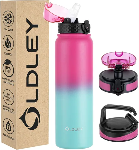 Miniatura 17 de Botella de agua aislada Oldley de 12 oz con pajita, botella de agua de acero inoxidable con 2 tapas, botellas de doble pared con vacío para adultos