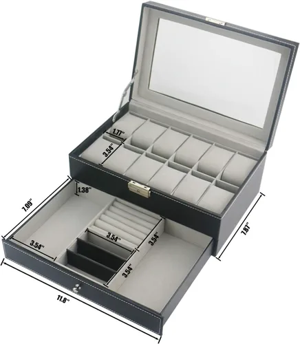 Miniatura 7 de Ogrmar Cajas de almacenamiento de reloj de piel sintética con 12 ranuras, para hombres y mujeres, estuche organizador de 2 niveles con tapa
