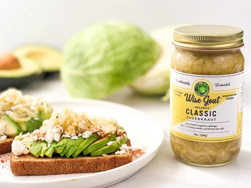Miniatura 3 de Chucrut probiótico fermentado orgánico crudo, variedad "Clásica" [Vegano, Sin Gluten, Sin OGM, Probiótico] Tarro de vidrio de 16 oz por Wise Goat