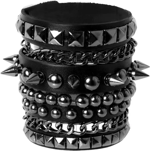 Miniatura 14 de Eigso Pulseras de cuero punk rock para hombres y mujeres, estilo retro, vintage, cadena de los años 80, para hombre y mujer