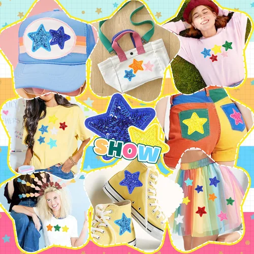Miniatura 2 de Parches de estrellas de lentejuelas para sombreros de camionero: KINGSOW 20 piezas de parche brillante para planchar para ropa, chaquetas, mochilas