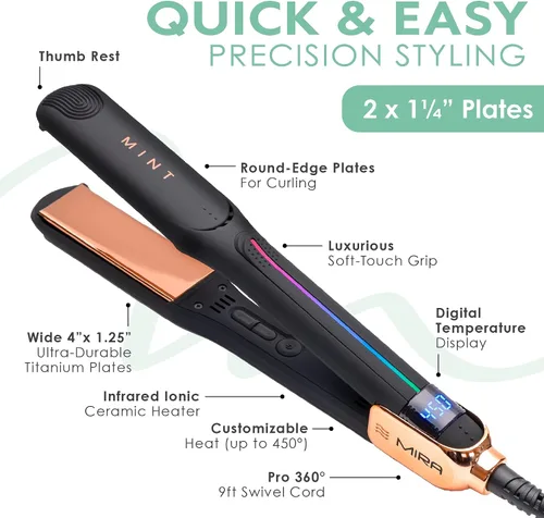 Miniatura 5 de Professional Series MIRA - Plancha plana de titanio para cabello grueso y fino, potente alisador de una sola pasada, alisador y rizador en uno