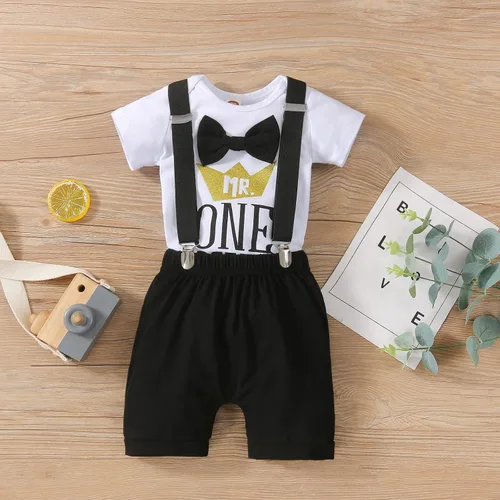 Miniatura 2 de Conjunto divertido de ropa de primer cumpleaños para bebé niño, con corbatín y estampado de dinosaurio, conjunto de pantalones con tirantes