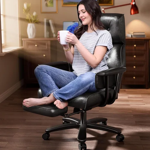 SeekFancy Silla cruzada con ruedas y brazos, silla de oficina reclinable con reposapiés y asiento ancho, silla de escritorio grande y alta de cuero
