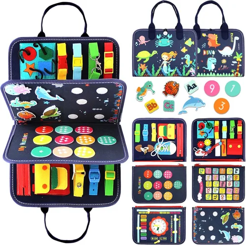 Qizfun Montessori Tablero Ocupado y Libro Ocupado para Niños Pequeños – Juguete Sensorial y de Aprendizaje que Mantiene a los Niños Ocupados,