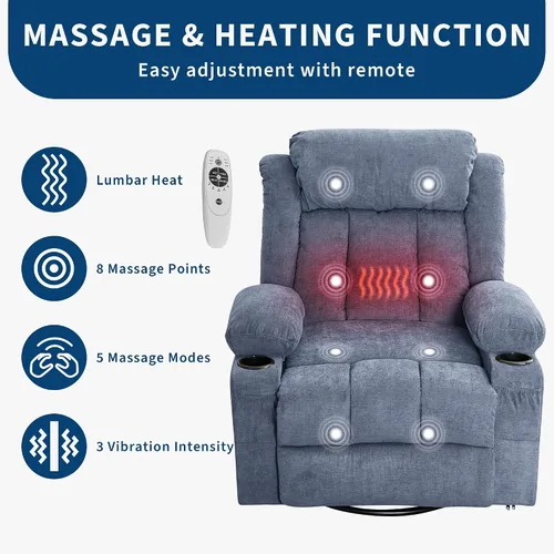 Miniatura 6 de 360° Swivel Rocker Recliner Chair with Heat and Massage, 3 Positions, USB Ports, Side Pockets, Cup Holders, for Living Room, Bedroom, Blue Marrón