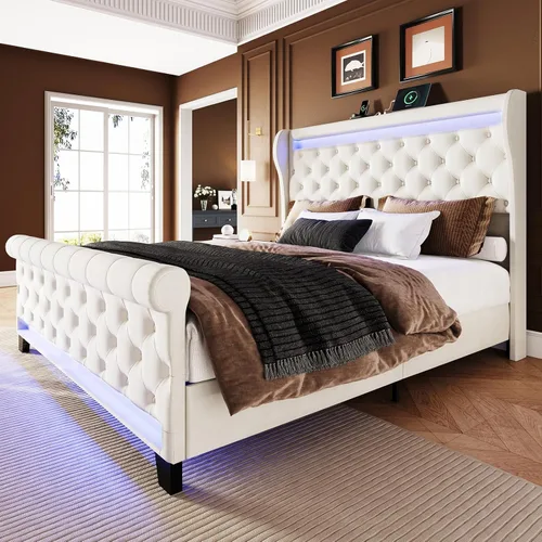 Miniatura 9 de Belffin Armazón de Cama Tamaño King con Cabecero, Cabecero Tapizado de Terciopelo de 50 pulgadas de Alto, Cama Plataforma con Luces LED y 2 Puertos
