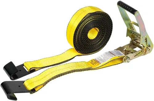 Miniatura 35 de Mytee Products Correas de amarre de trinquete con ganchos planos, 2 pulgadas x 20 pies amarillos 10,000 libras de resistencia a la rotura