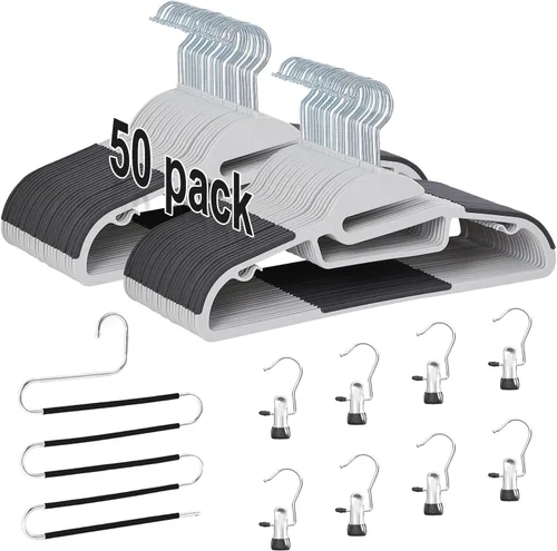 Miniatura 9 de VECELO Paquete de 50 perchas de plástico, perchas de ropa que ahorran espacio con muescas para los hombros para correas, perchas antideslizantes