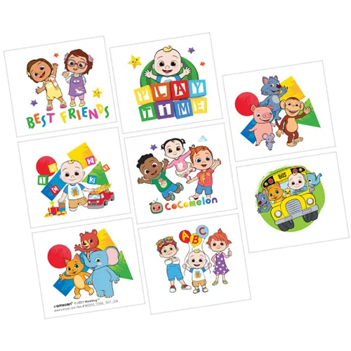 Cocomelon - Tatuajes mágicos – 2 x 1.75 pulgadas | Tatuajes temporales fáciles de usar, recuerdo de fiesta ideal para fiestas de cumpleaños,