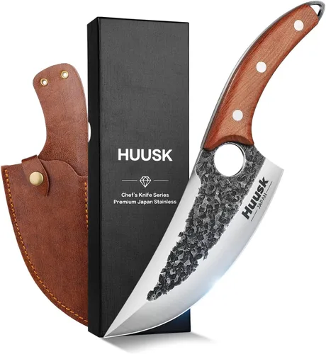 Cuchillo de Cocina Huusk Japón, Cuchillos Vikingos Mejorados con Funda Cuchillo de Carnicero Forjado a Mano para Cortar Carne Cocina Japonesa