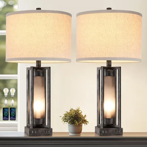 Miniatura 12 de Lámparas de mesa rústicas para sala de estar con puertos USB C+A, lámpara de mesita de noche vintage de granja con luz nocturna de acrílico ámbar