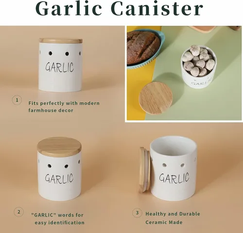 Miniatura 3 de Contenedor de ajo de cerámica con tapa de madera, contenedor de ajo para mostrador, fácil de limpiar, ahorra ajo para mantener tus dientes de ajo