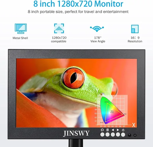 Miniatura 2 de Mini monitor de seguridad de 8 pulgadas, pantalla de metal portátil de 1280 x 720, entrada HDMI/VGA/AV/BNC, altavoces integrados y control remoto