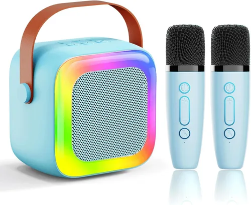 Miniatura 9 de Mini máquina de karaoke para niños, adolescentes y adultos, máquina de karaoke para niños con 2 micrófonos inalámbricos y luces LED, juguetes
