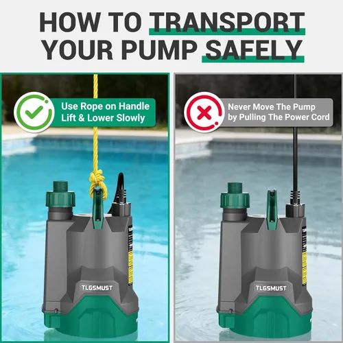 Miniatura 8 de Bomba de agua sumergible eléctrica: Tlgsmust Bomba utilitaria de 1/3 HP, bomba de agua portátil eléctrica termoplástica de 2450 GPH para eliminación
