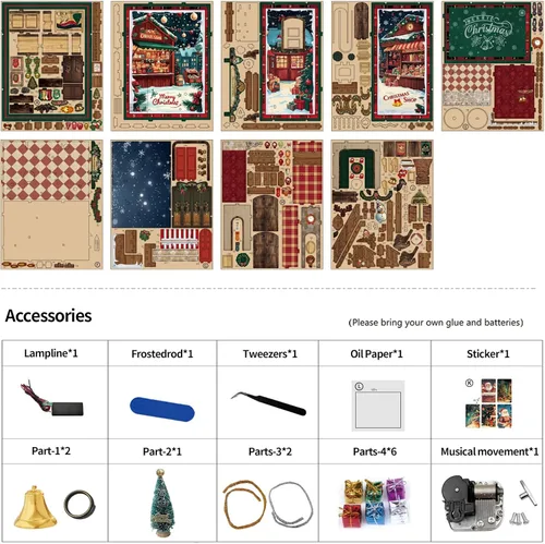 Miniatura 6 de Kit de Rincón de Lectura de Tienda de Navidad, Kit de Casa en Miniatura DIY con Luces LED y Música Rotativa - Rompecabezas 3D de Madera