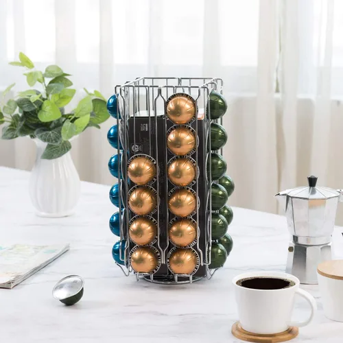 Miniatura 3 de MyGift Soporte organizador de 48 cápsulas de café de acero inoxidable plateado con carrusel giratorio de 360 grados con compartimento