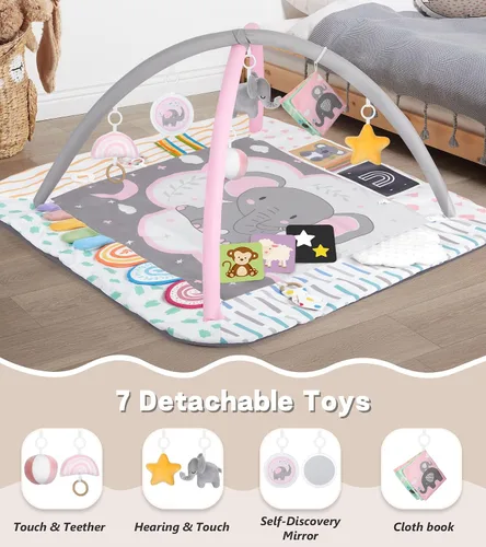 Miniatura 4 de Alfombra de juego para bebé, gimnasio de actividades con 6 zonas de desarrollo, 6 juguetes sensoriales desmontables y tarjetas educativas, juego