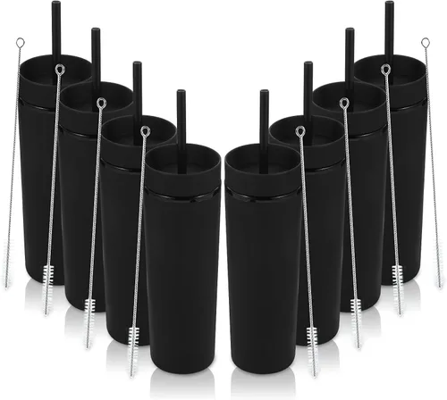 Miniatura 22 de Volhoply Vaso delgado de plástico de 16 onzas con tapa y pajita, paquete de 4 unidades, vasos aislados de doble pared de acrílico mate, sin BPA