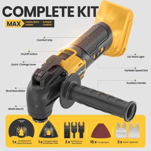 Miniatura 2 de bellaDimora Multiherramienta oscilante compatible con DeWalt 20V MAX, motor sin escobillas de 600 W (6000-20000 OPM), kit de accesorios de 23 piezas