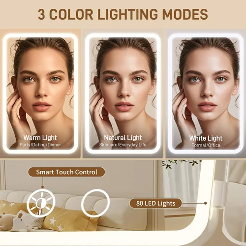 Miniatura 3 de FRANO Espejo de maquillaje plegable de tres pliegues con luces, espejo recargable con aumento de 2X/3X/10X, espejo de tocador portátil