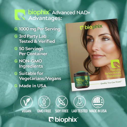 Miniatura 7 de biophix Suplemento liposomal NAD+ para mujeres y hombres, 1000 mg por porción, ribósido de nicotinamida, resveratrol micronizado y complejo