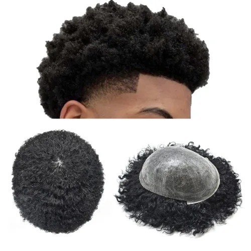 Miniatura 13 de Tupé rizado afro para hombres negros Full Poly African American Curl sistemas de cabello humano inyectado PU Coily Male Hairpieces Poly Hair