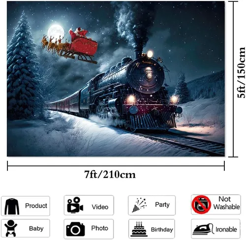 Miniatura 5 de Fondo de fotografía de tren de Navidad, tren nocturno de invierno, Papá Noel, fondo fotográfico para Navidad, Año Nuevo, fiesta infantil