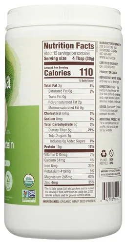 Miniatura 6 de Polvo de proteína de cáñamo Nutiva Hi Fibre, 16 oz