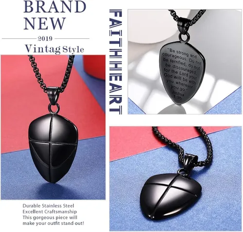 Miniatura 5 de FaithHeart Josué 19 Escudo de Fe Efesios 616-17Efesios 610Isaías 5417 collar con colgante de acero inoxidable con amuleto cruzado para hombres