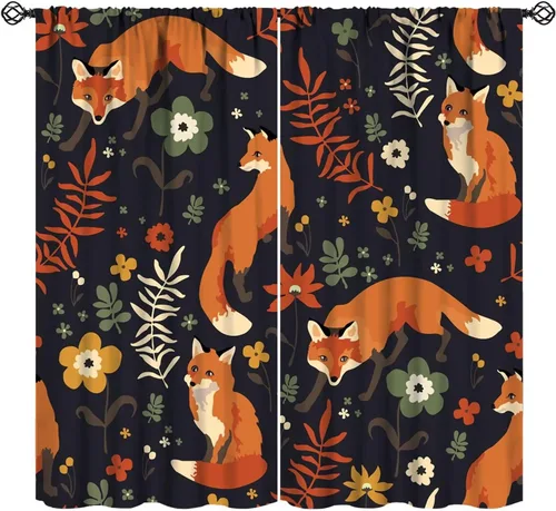 Miniatura 12 de Cortinas opacas de dibujos animados de animales de bosque naranja, zorro, flores, luna, hojas azules, arte abstracto, niños y niñas, decoración