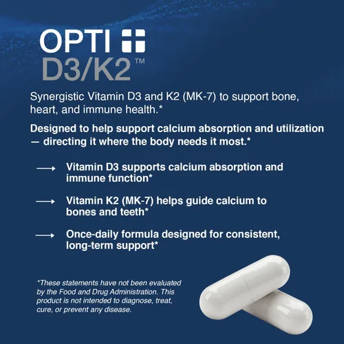 Miniatura 2 de Suplemento Opti + D3/K2 Suplemento para la salud ósea, el bienestar cardiovascular y el apoyo inmunológico* Vitamina D3 K2 apoyo diario 120