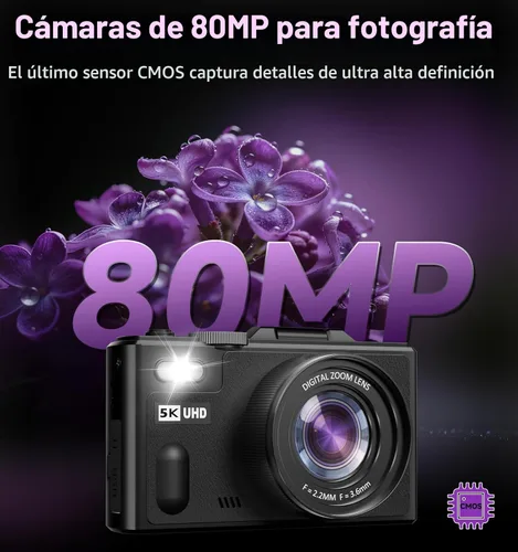 Miniatura 2 de Cámara digital 5K para fotografía, cámara digital de 80 MP con pantalla abatible de 3 pulgadas y 180° con zoom de 18X, tarjeta SD de 64 GB, cámara