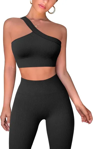 OQQ Conjuntos de entrenamiento para mujer 2 piezas acanalados con un hombro leggings de cintura alta conjunto de yoga activo