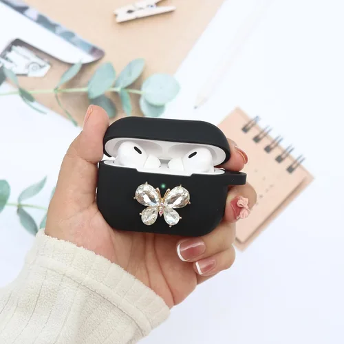 Miniatura 4 de Wonhibo Funda para Airpods Pro 2 para mujer, bonita funda de silicona de mariposa para Airpod Pro de 2ª generación 2022 con llavero (negro)