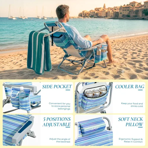 Miniatura 6 de Beach Chairs for Adults, Portable Folding Backpack Beach Chair Heavy Duty 5-Position Lay Flat with Cooler Bag, Cup Holder for