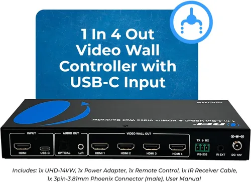 Miniatura 2 de OREI Controlador de Procesador de Pared de Video 4K 2x2 HDMI o USB-C Pantalla Hasta 4K 60hz 2x1, 1x2, 1x3, 1x4 Soporta Rotación de 180 Grados RS-232