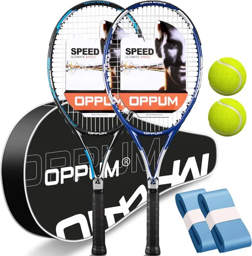 Raquetas de tenis OPPUM PRO-500 para adultos, paquete de 2 raquetas preencordadas para principiantes e intermedios con bolsa de transporte y 2