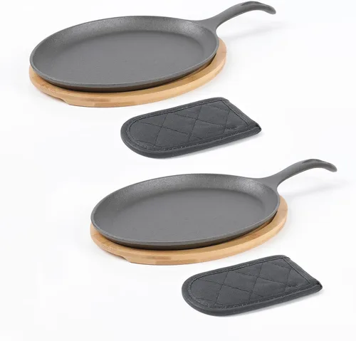 Miniatura 10 de HAWOK Fajita de hierro fundido con bandeja de bambú y asa Juego de 4 Negro-266-4