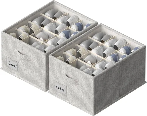 Miniatura 8 de FHSQX Paquete de 2 organizadores de zapatos para armario, se adapta a hasta 24 pares, contenedores de almacenamiento de zapatos de tela, Beige