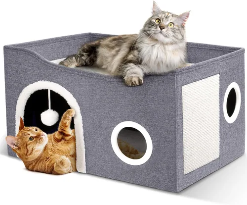 Miniatura 14 de Heeyoo - Casa para gatos de interior, cueva grande con cama para gatos con bola esponjosa y almohadilla para arañar, casas y condominios plegables