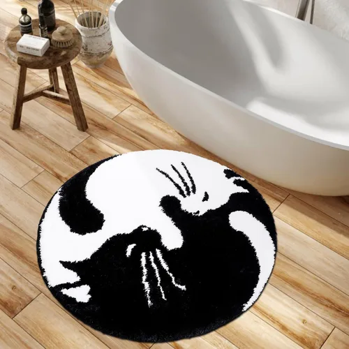 Miniatura 3 de Bonita alfombra de baño con diseño de gato Yin Yang, accesorio redondo de ducha de animales en blanco y negro, microfibra antideslizante lavable